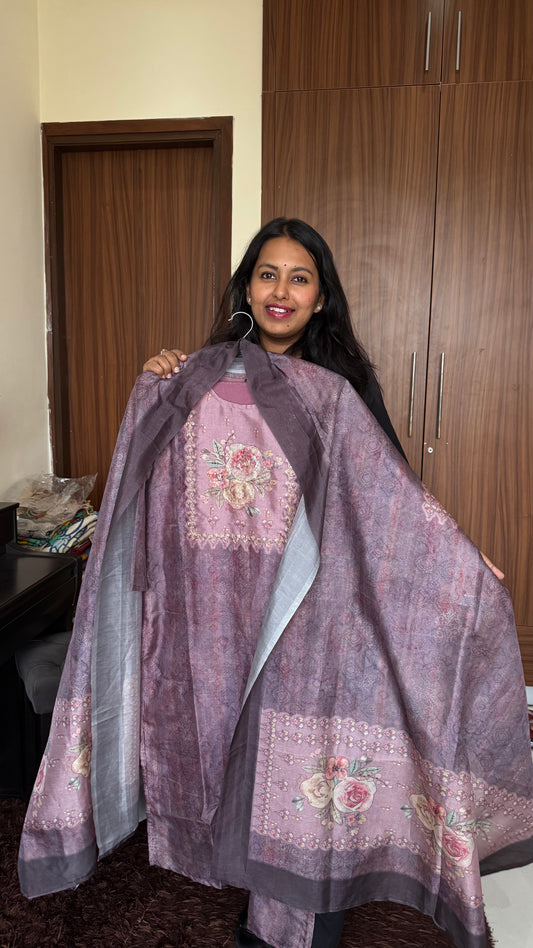 Purple Hues Floral Motif Pure Tissue Shimmer Suit Set with Shimmer Dupatta