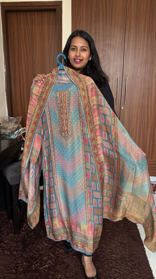 Multi Toned Floral Motif Pure Tissue Shimmer Suit Set with Shimmer Dupatta