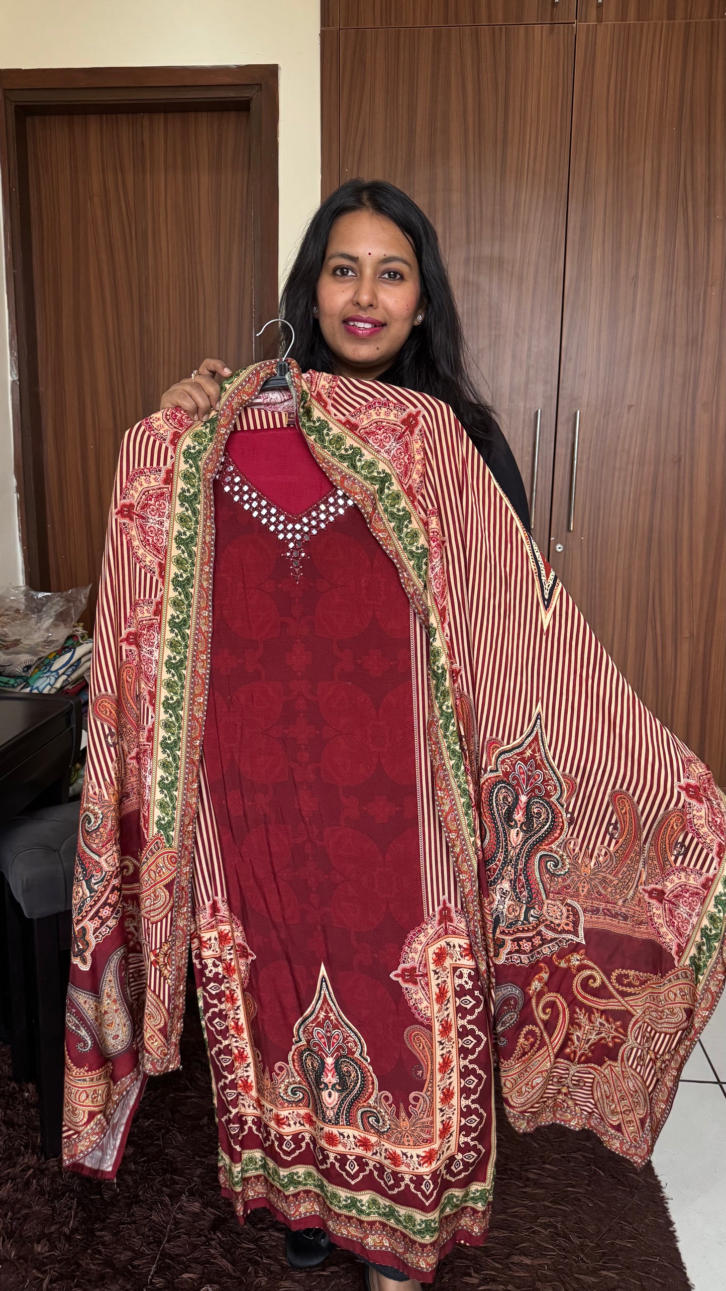 Deep Red Floral Print Muslin Suit Set with Inner Lining