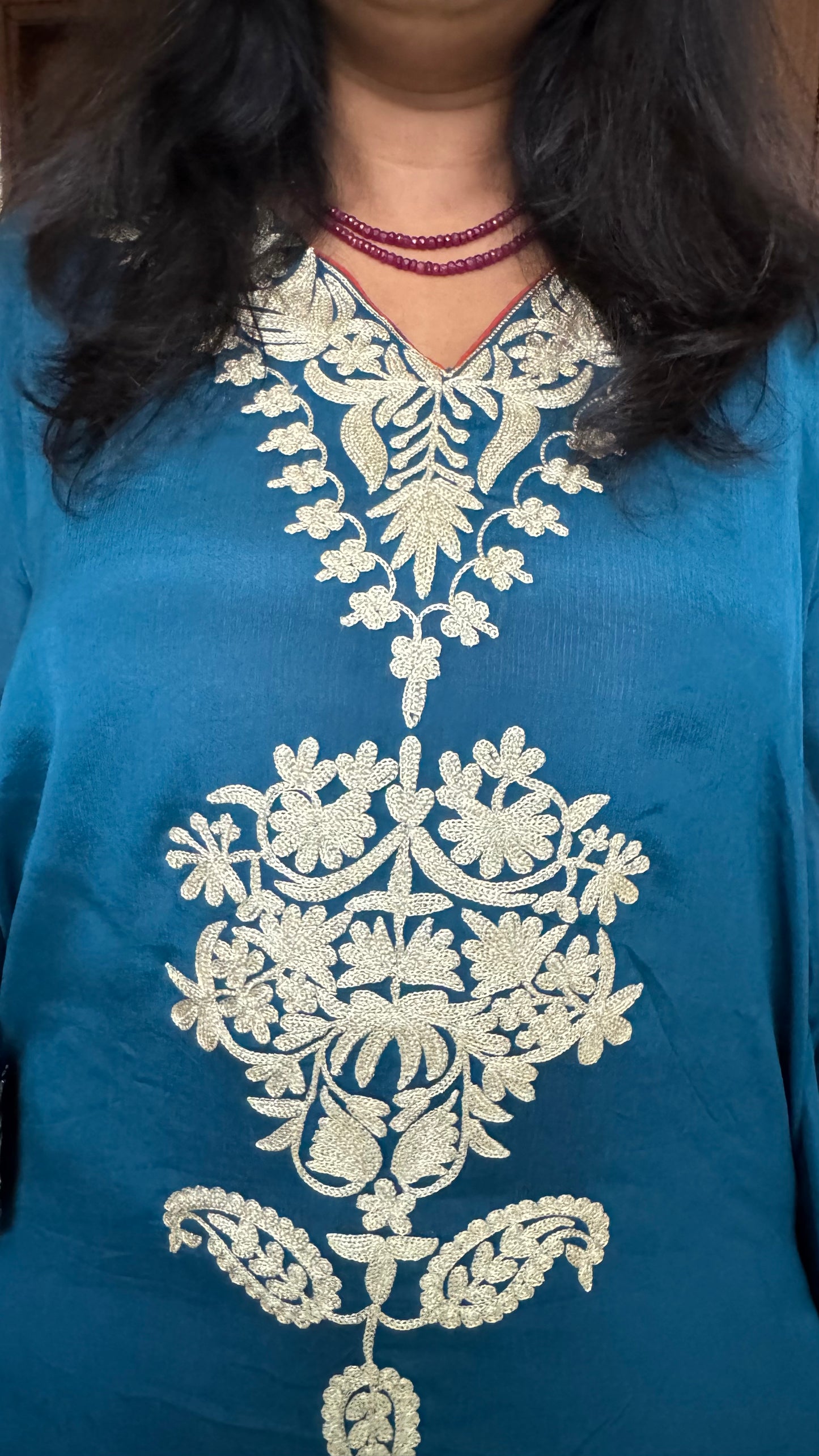Cyan Blue & Red Crepe Kaftan with Kashmiri Tilla Embroidery and Bottom-2 Pc (Stitched)