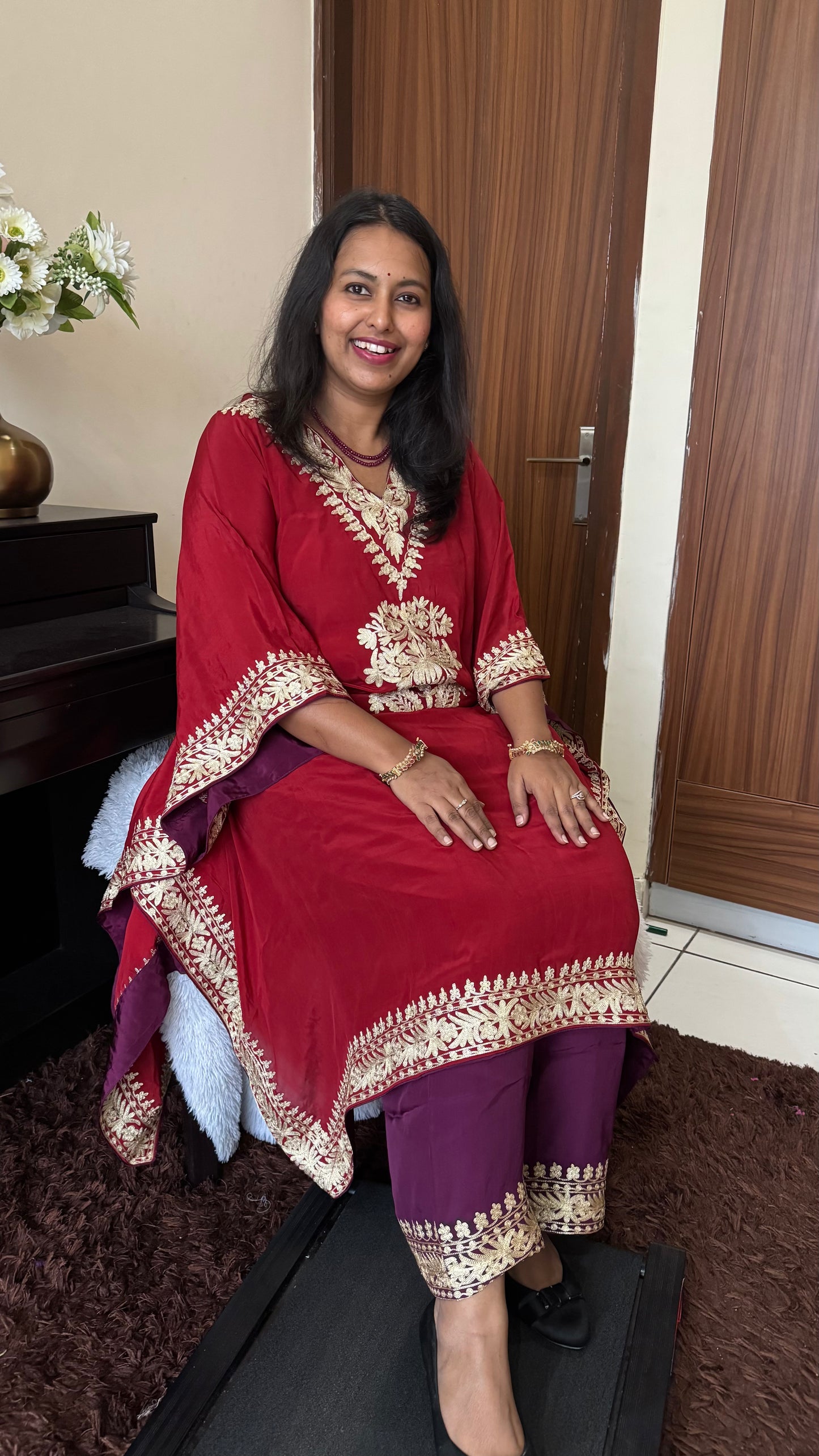 Red & Purple Crepe Kaftan with Kashmiri Tilla Embroidery and Bottom-2 Pc (Stitched)