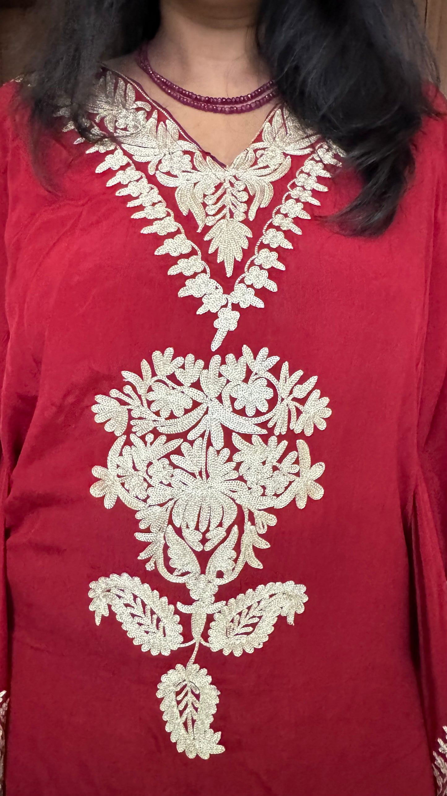 Red & Purple Crepe Kaftan with Kashmiri Tilla Embroidery and Bottom-2 Pc (Stitched)