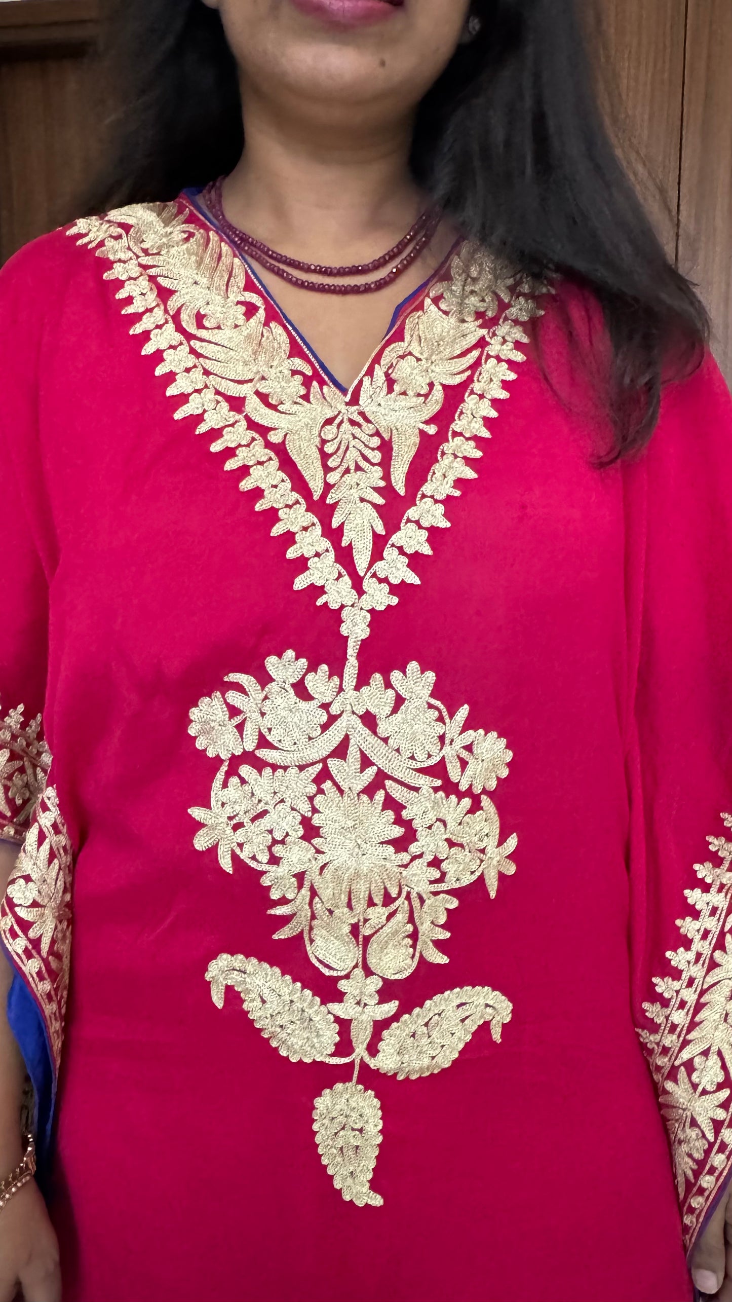 Pink Shade Crepe Kaftan with Kashmiri Tilla Embroidery and Bottom-2 Pc (Stitched)