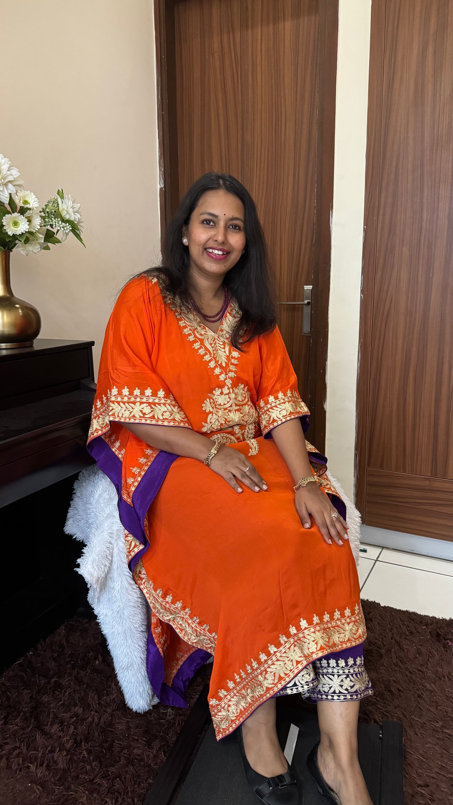 Orange & Blue Crepe Kaftan with Kashmiri Tilla Embroidery and Bottom-2 Pc (Stitched)