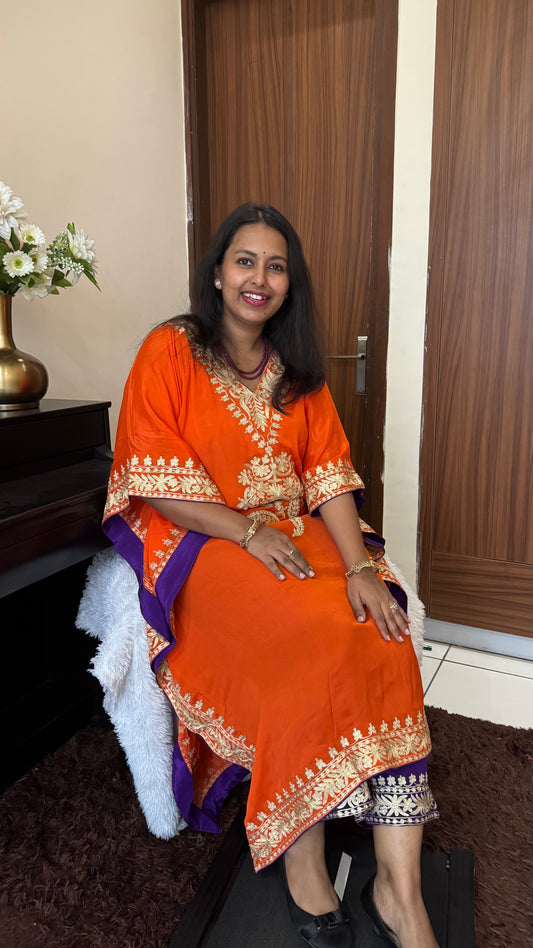 Orange & Blue Crepe Kaftan with Kashmiri Tilla Embroidery and Bottom-2 Pc (Stitched)