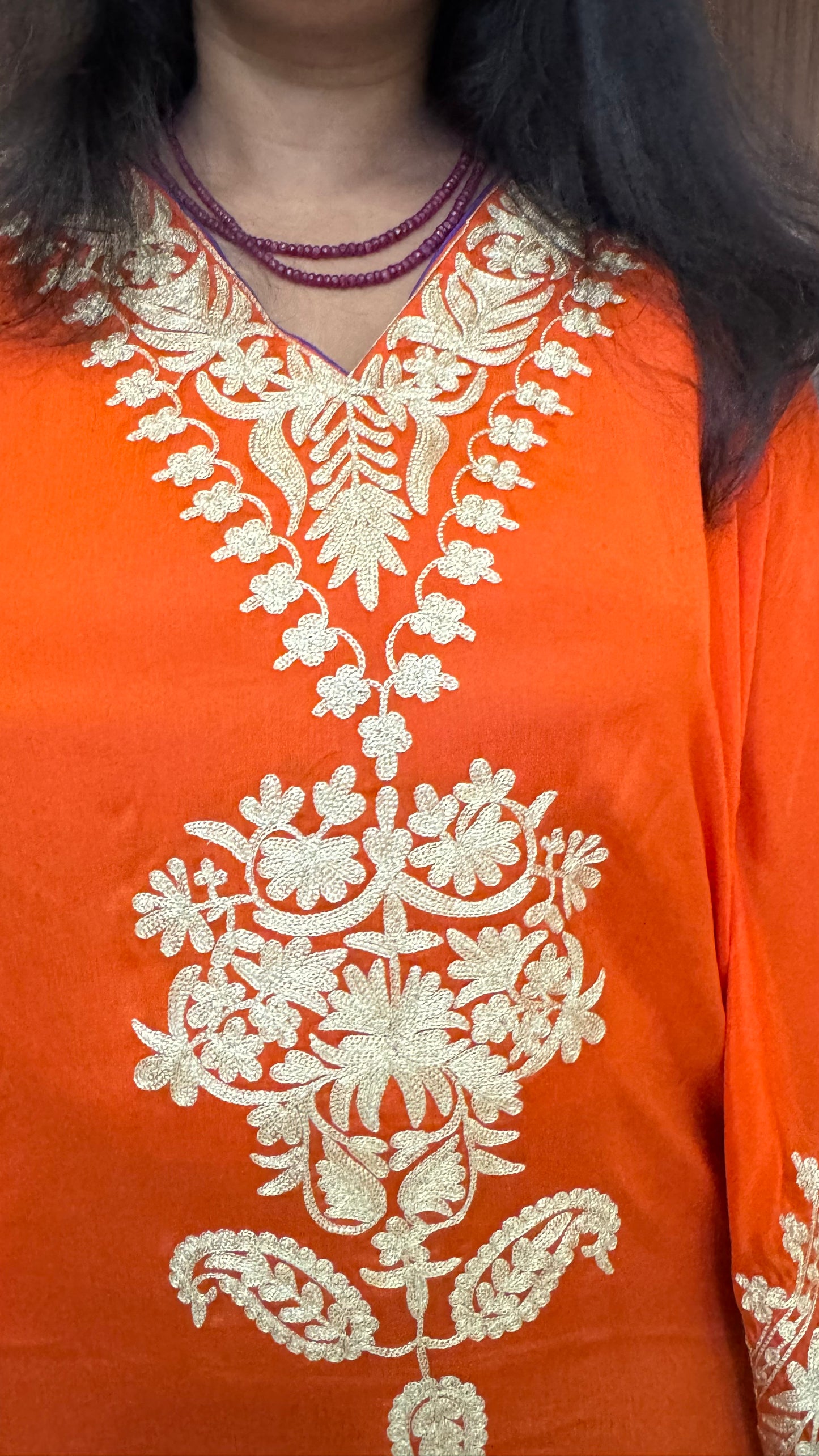 Orange & Blue Crepe Kaftan with Kashmiri Tilla Embroidery and Bottom-2 Pc (Stitched)