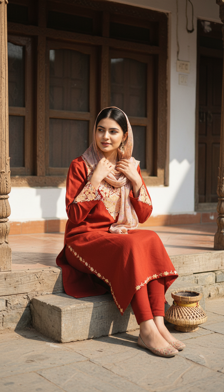 Caramel Shade Aari Embroidery Kashmiri Merino Wool Pheran with Pockets