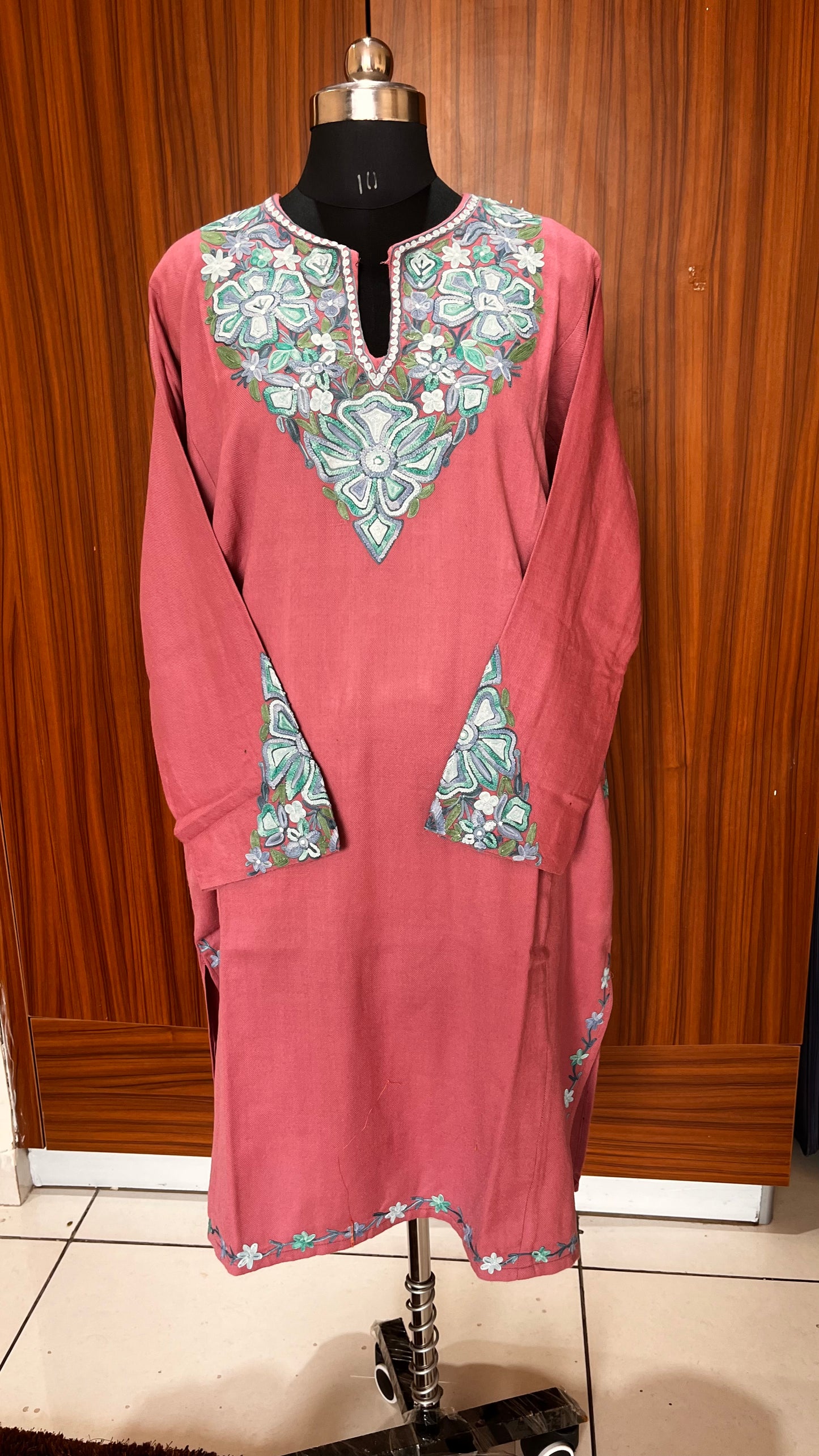 Dusty Pink with Firozi Embroidery Kashmiri Marino Wool Pheran with Pockets