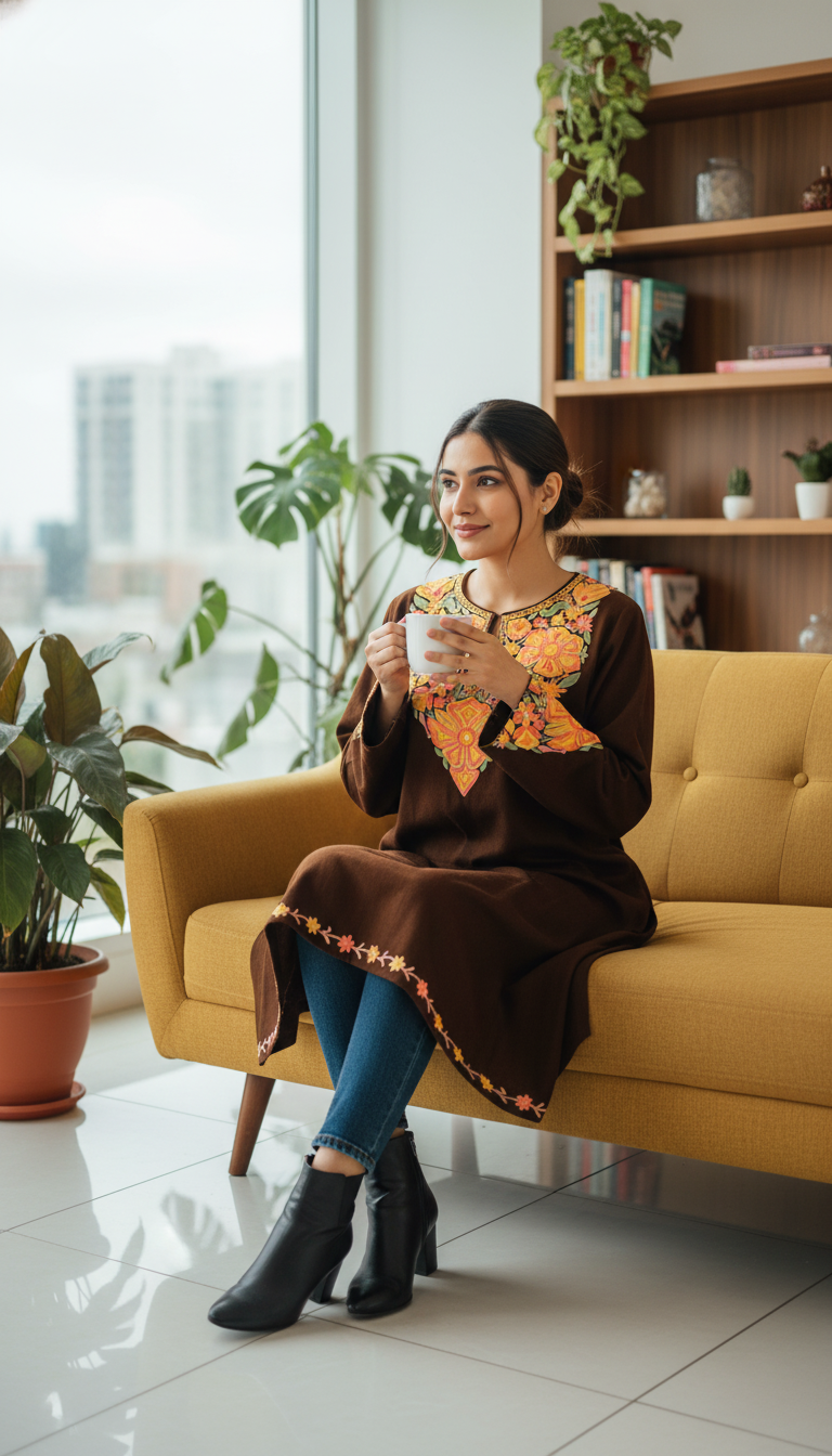 Dark Brown Aari Hand Embroidered Pure Marino Wool Pheran with Pockets