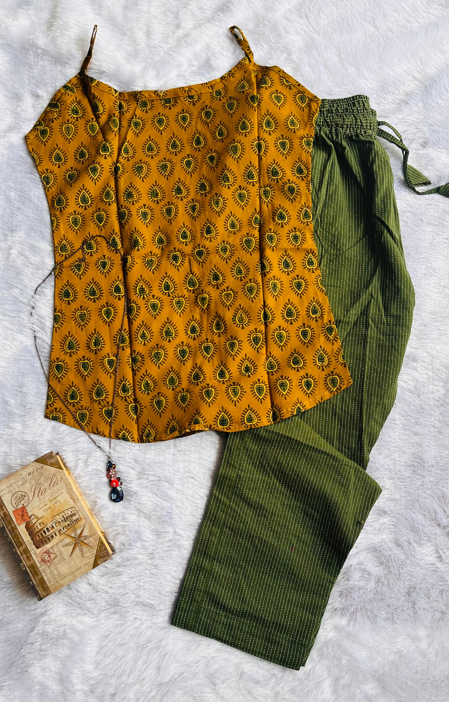 Mustard and Green Ajrakh Pure Cotton Spaghetti Top and Pant Set