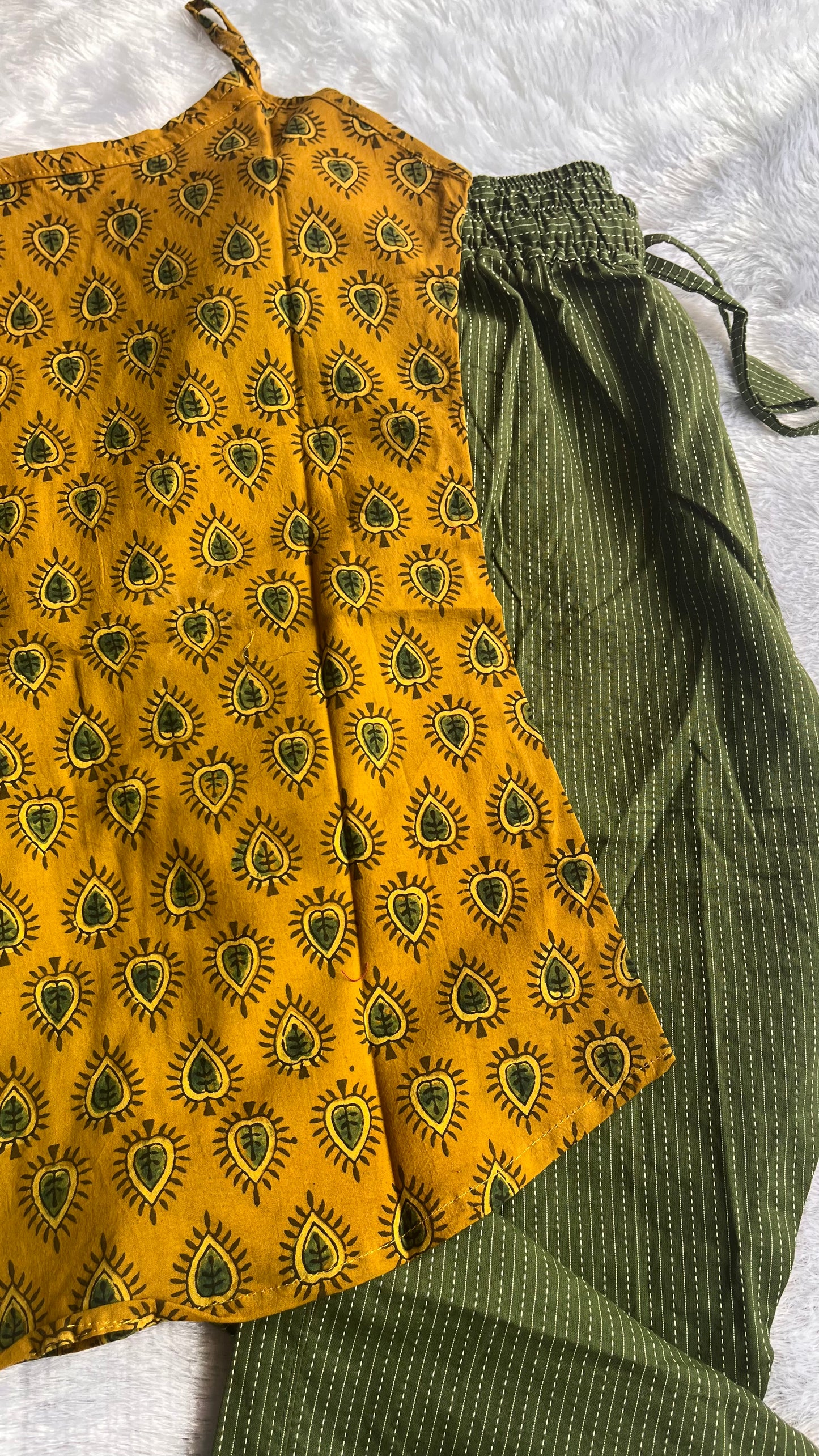 Mustard and Green Ajrakh Pure Cotton Spaghetti Top and Pant Set