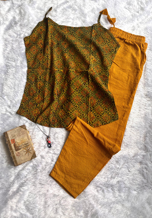 Green and Mustard Ajrakh Pure Cotton Spaghetti Top and Pant Set