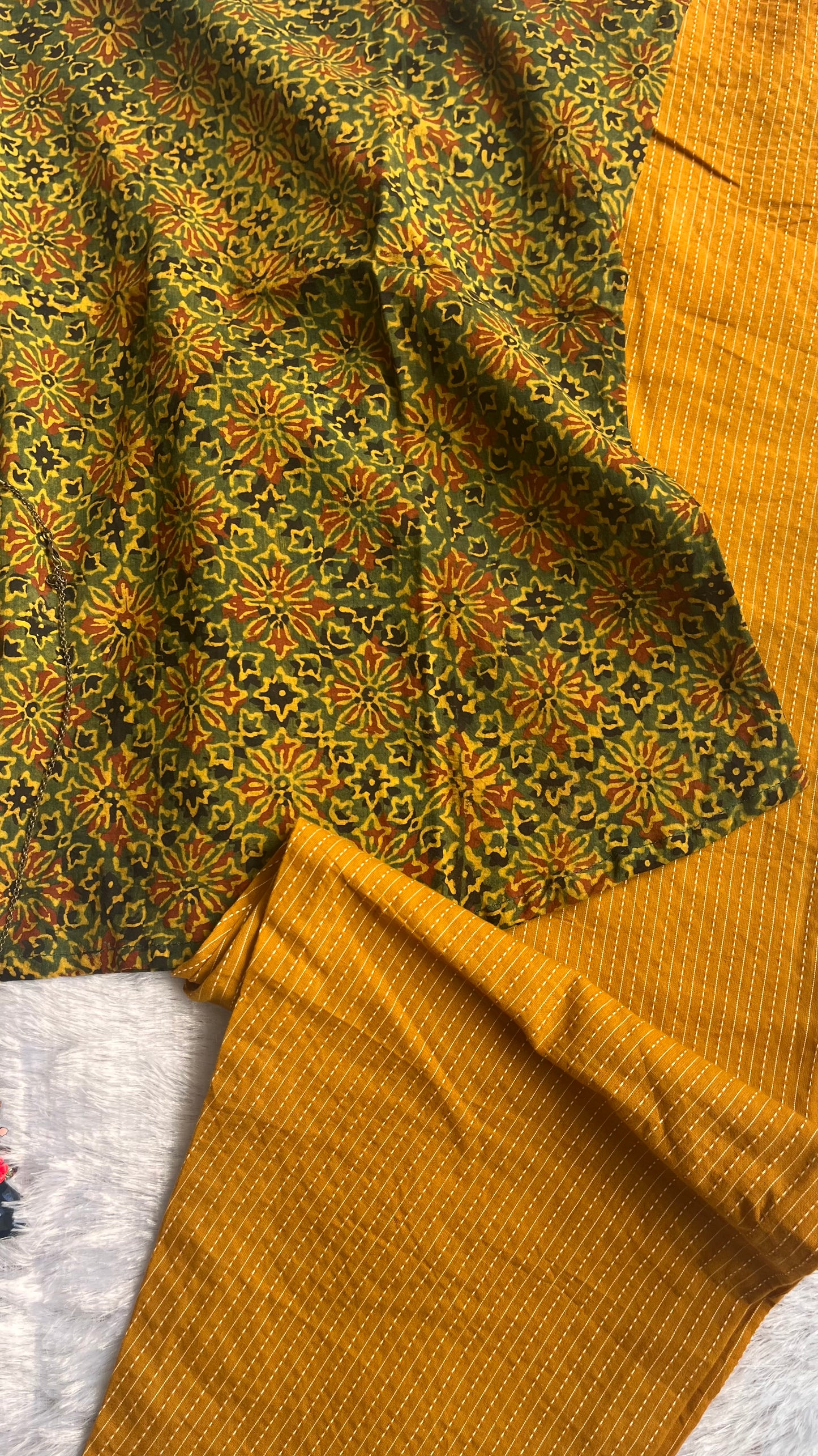 Green and Mustard Ajrakh Pure Cotton Spaghetti Top and Pant Set