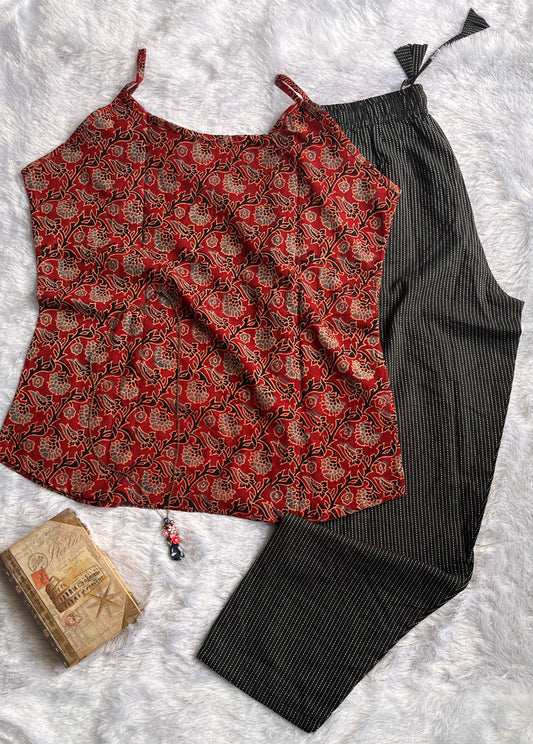 Red and Black Ajrakh Pure Cotton Spaghetti Top and Pant Set