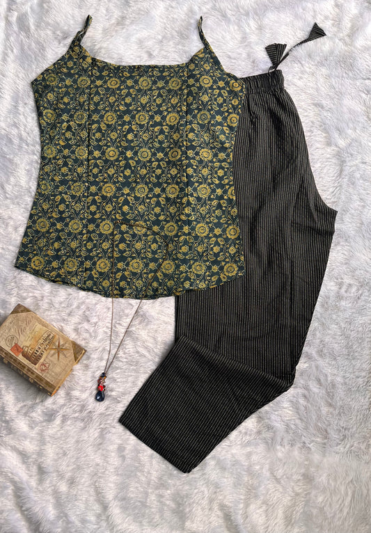 Indigo and Black Ajrakh Pure Cotton Spaghetti Top and Pant Set