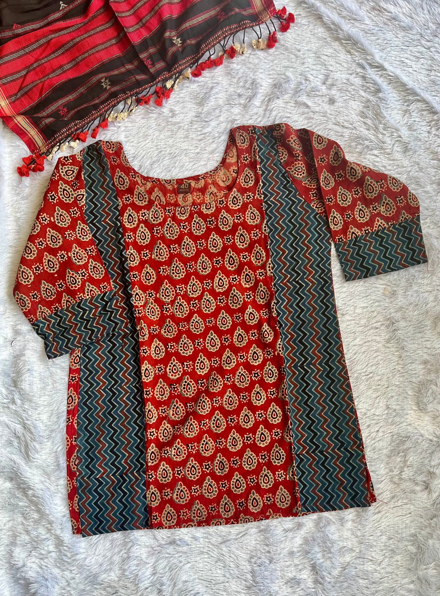 Red and Blue Ajrakh Handblock Pure Cotton Short Kurti