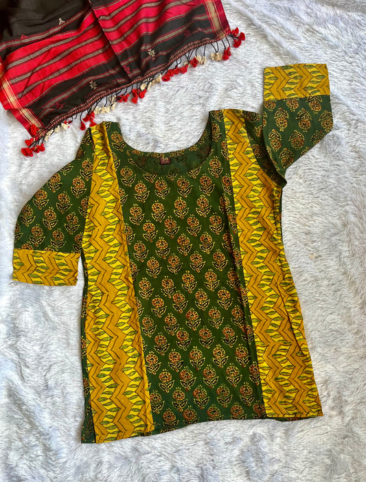 Green and Yellow Ajrakh Handblock Pure Cotton Short Kurti