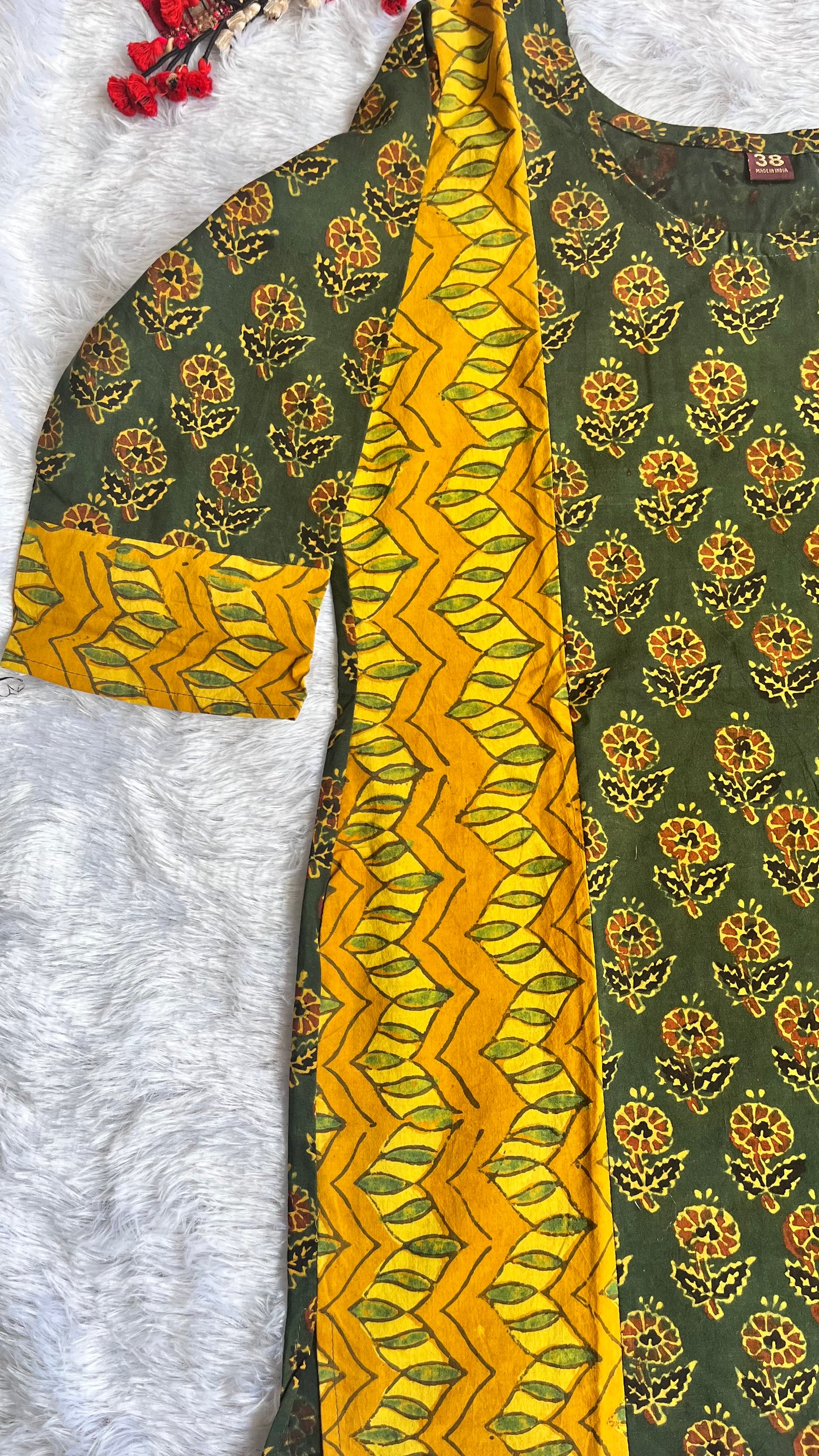 Green and Yellow Ajrakh Handblock Pure Cotton Short Kurti