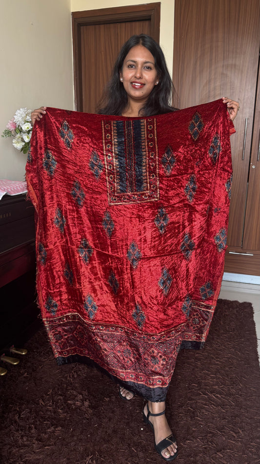 Red Flower Rectangle Yoke Ajrakh Hand Block Velvet Unstitched Fabric (Kurta Only) (Copy)