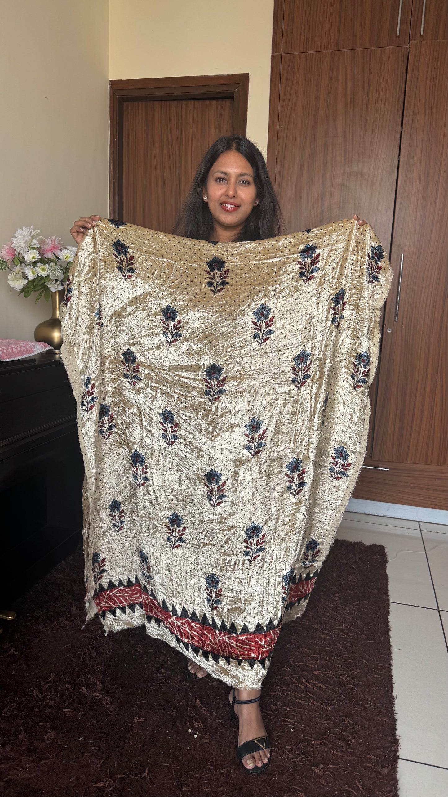 OffWhite Flower Motif Ajrakh Hand Block Velvet Unstitched Fabric (Kurta Only)