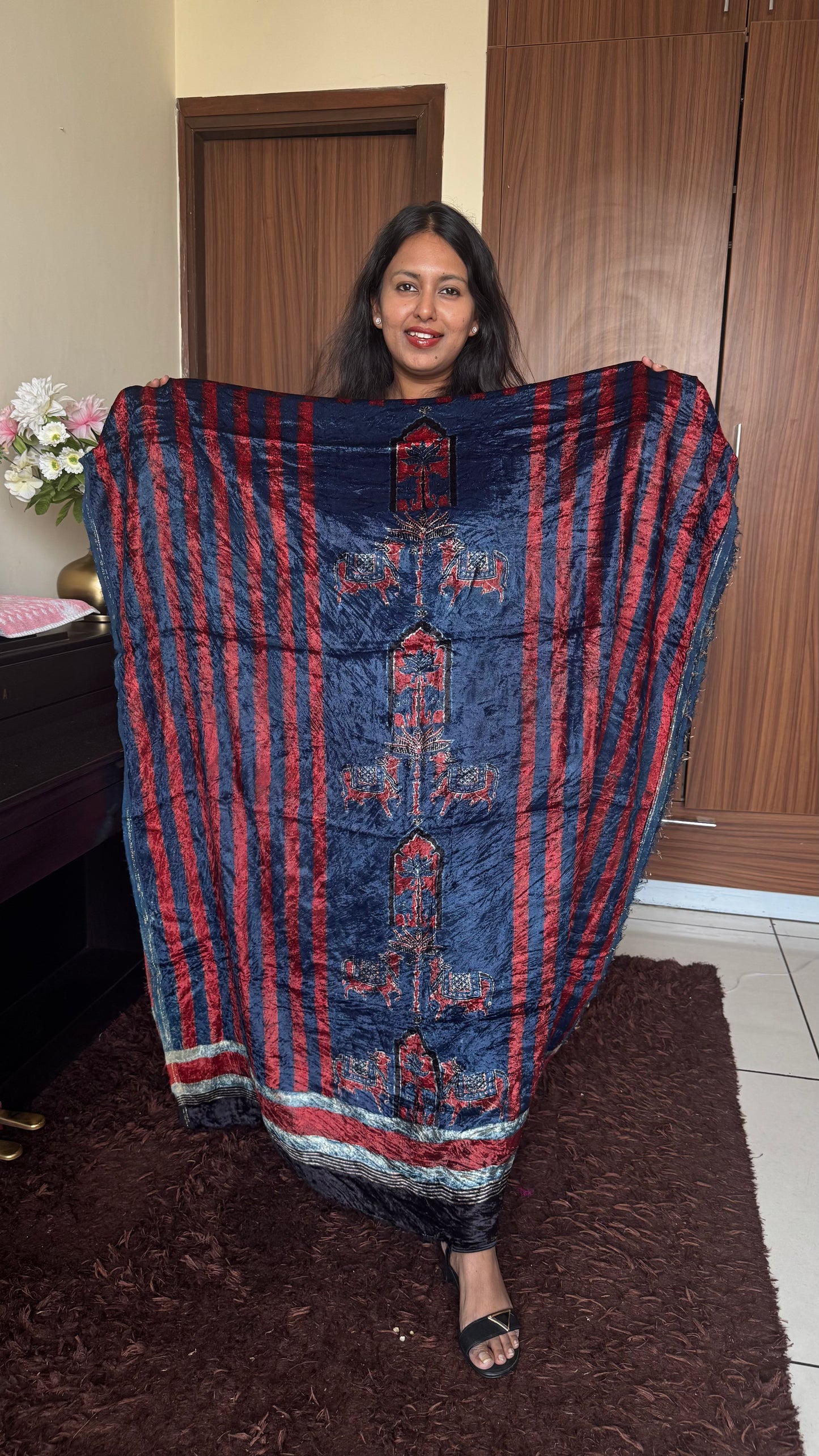 Blue Red Kamdhenu Ajrakh Hand Block Velvet Unstitched Fabric (Kurta Only)