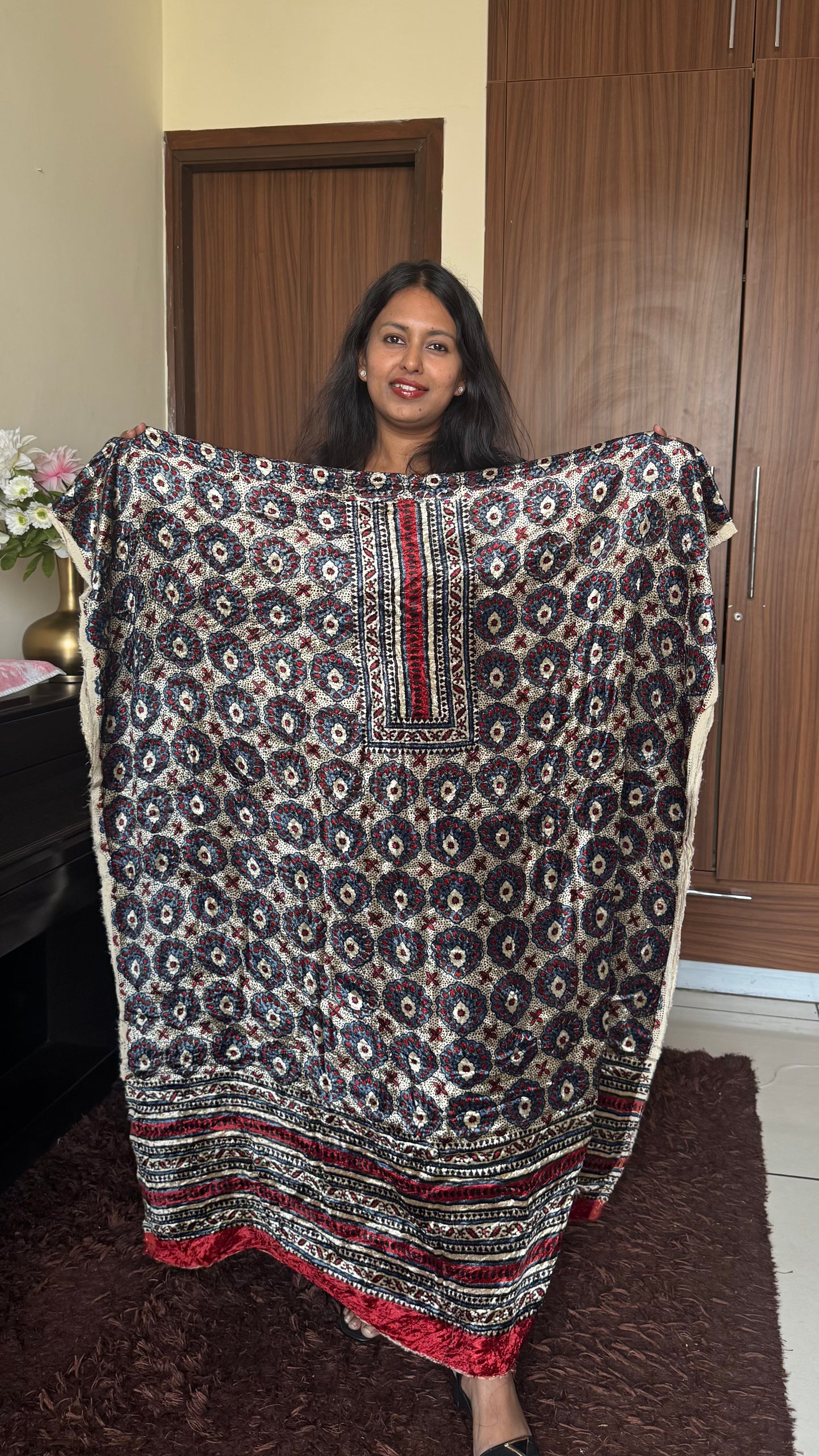 OffWhite Flower Rectangle Yoke Ajrakh Hand Block Velvet Unstitched Fabric (Kurta Only)