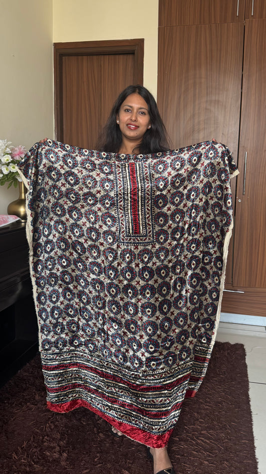 OffWhite Flower Rectangle Yoke Ajrakh Hand Block Velvet Unstitched Fabric (Kurta Only)
