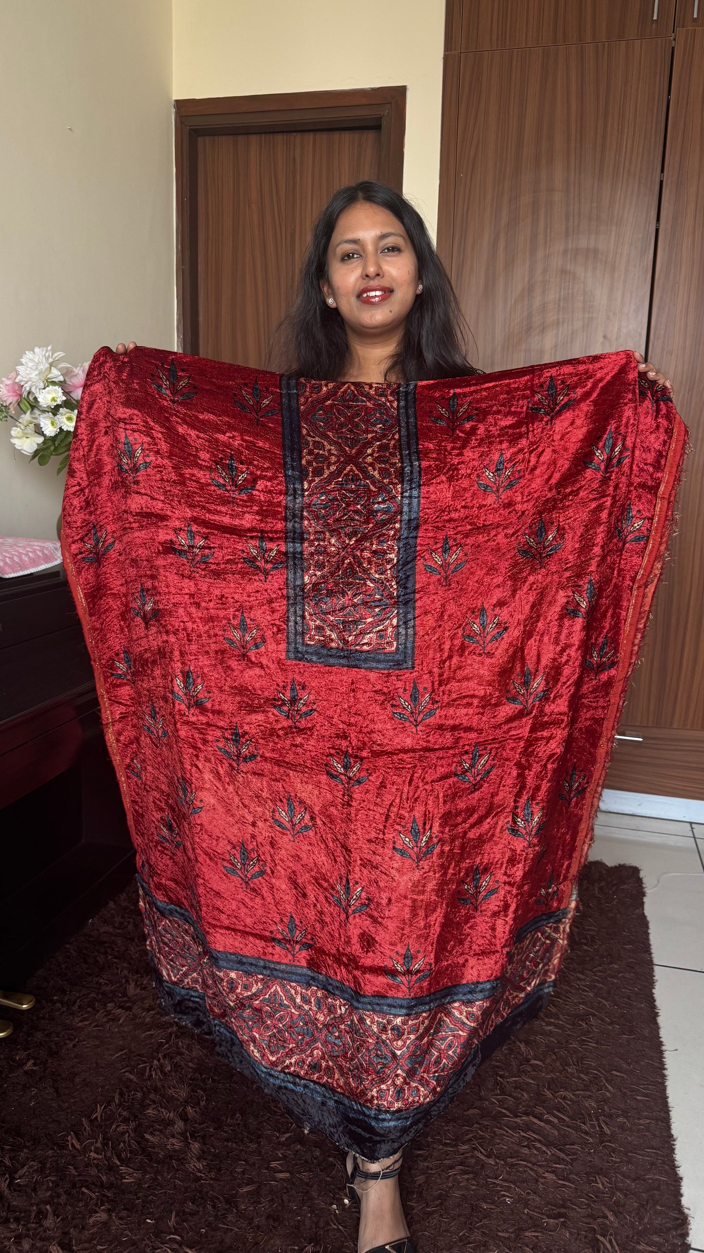 Red Chota Buti Rectangle Yoke Ajrakh Hand Block Velvet Unstitched Fabric (Kurta Only)