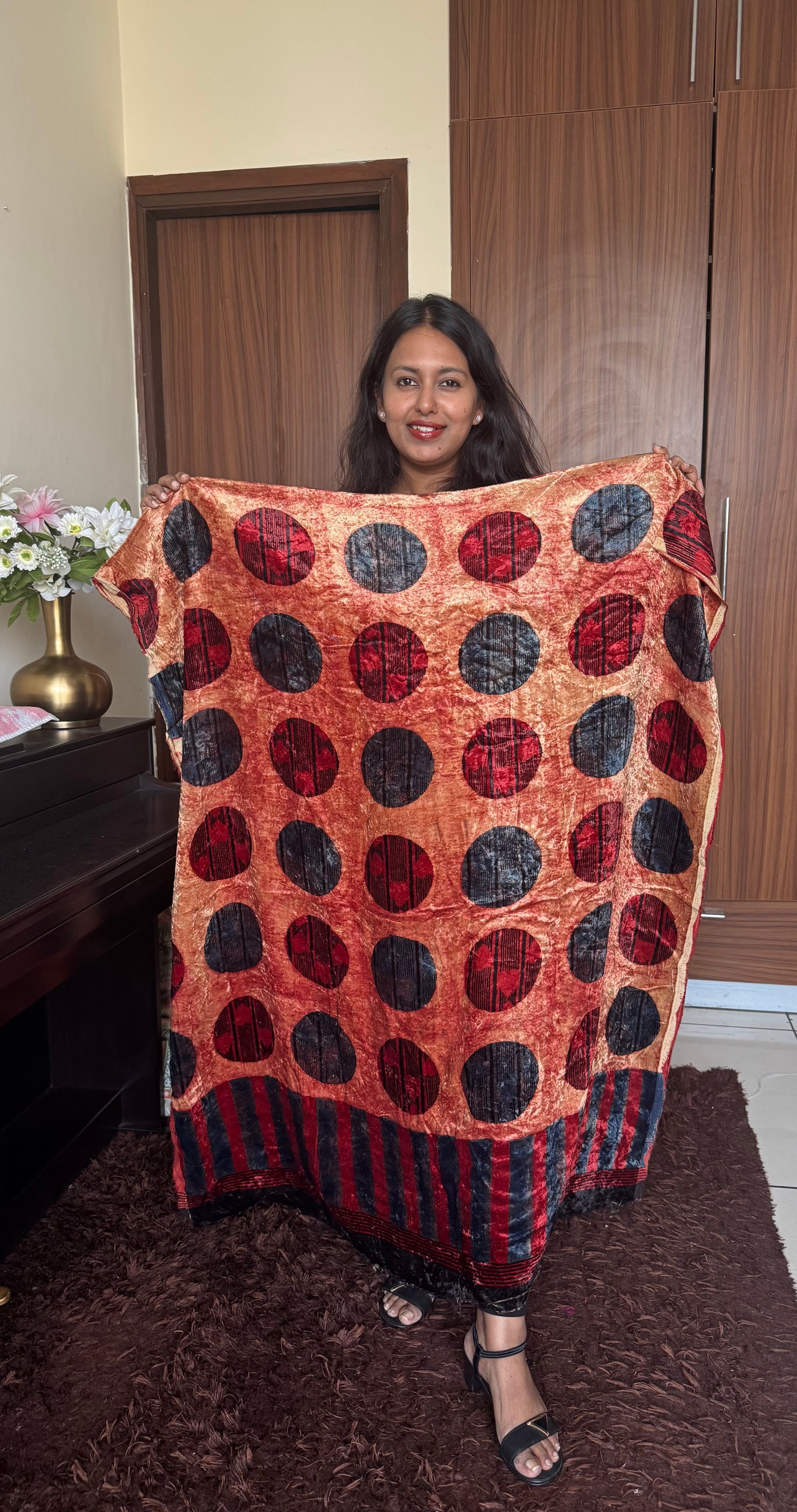 Blue Red Polka Dot Ajrakh Hand Block Velvet Unstitched Fabric (Kurta Only)