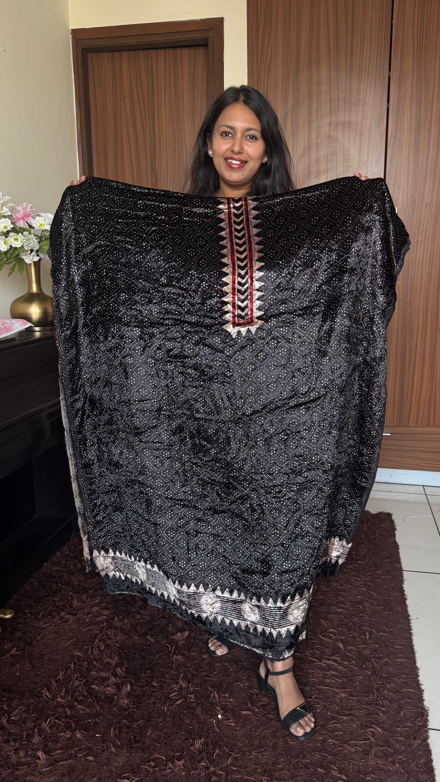 Blue Black Polka Dot Ajrakh Hand Block Velvet Unstitched Fabric (Kurta Only)