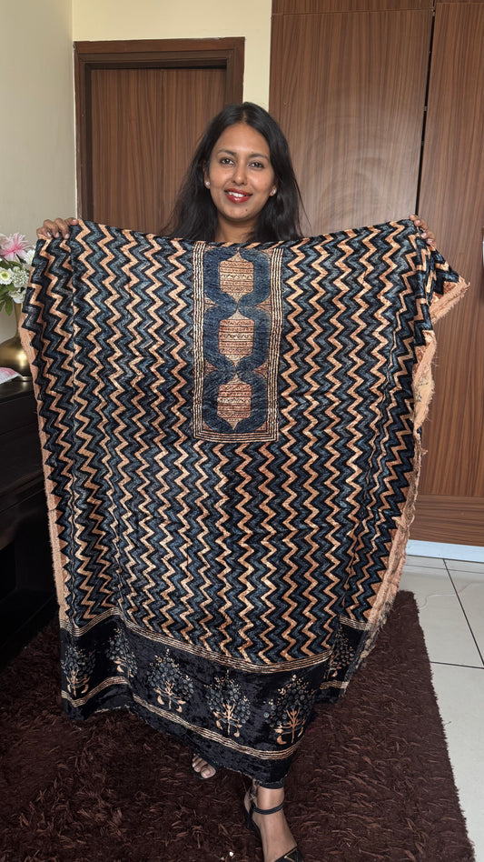 Beige ZIgZag Rectangle Yoke Ajrakh Hand Block Velvet Unstitched Fabric (Kurta Only)