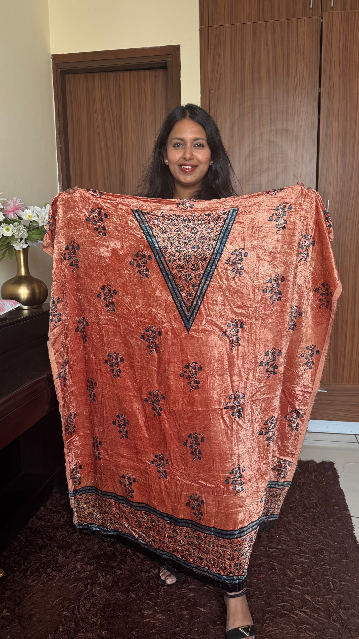 Beige Blue Flower Motif Ajrakh Hand Block Velvet Unstitched Fabric (Kurta Only)