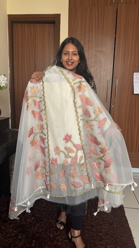 OffWhite OrganZa Suit Set with Applique Thread Work and Tassels-3PC