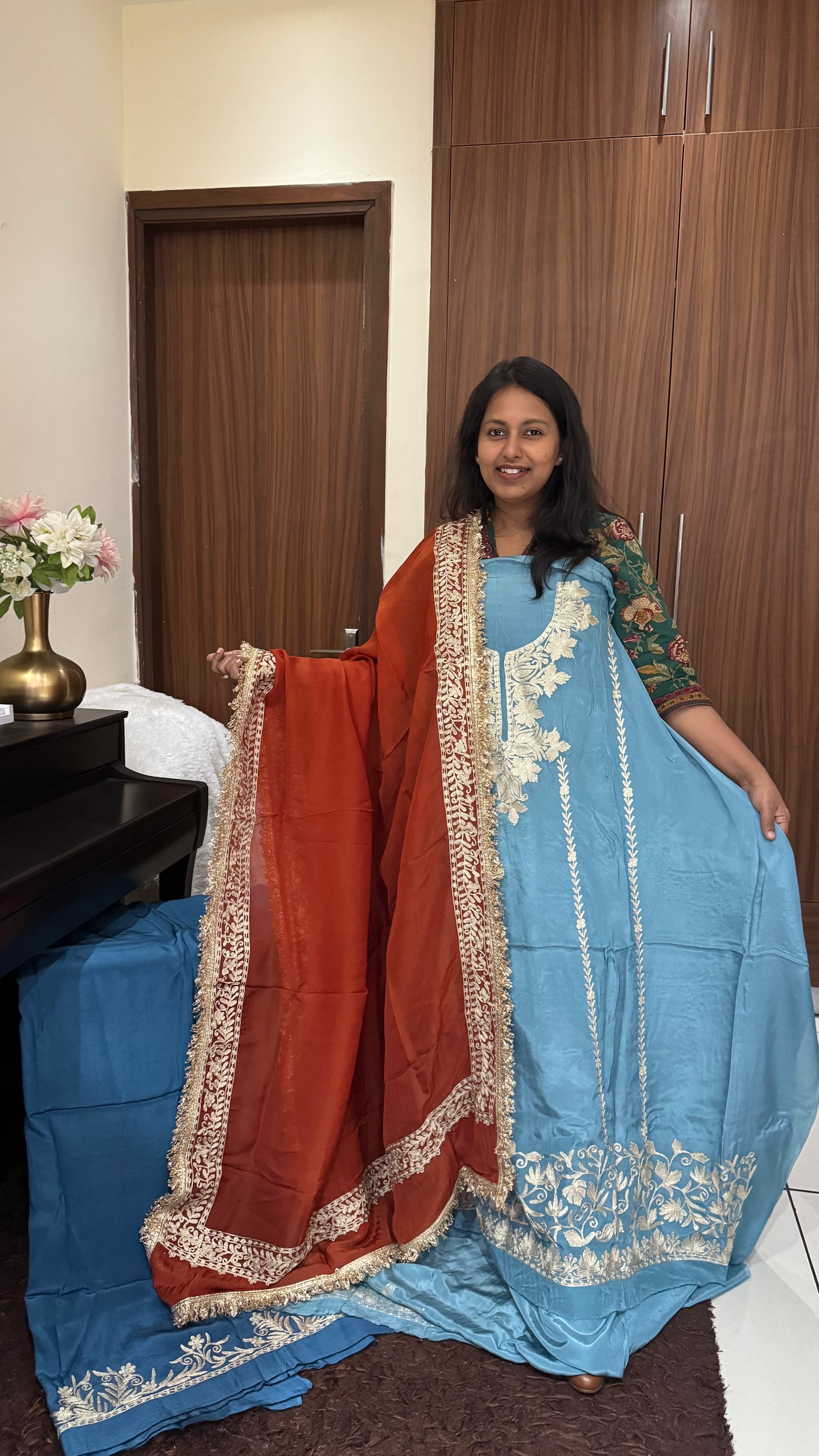 Sky Blue MultiColor Pure Crepe Suit with Kashmiri Tilla Embroidery & Gotta Patti-3 PC