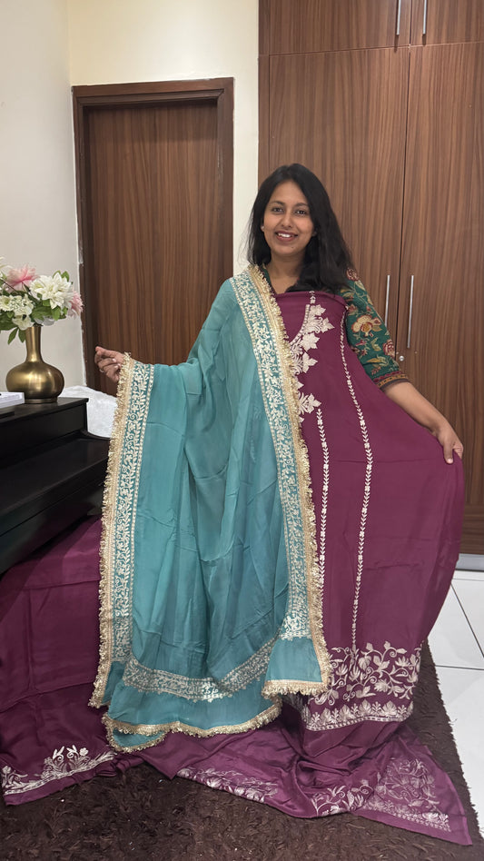 Wine Shade MultiColor Pure Crepe Suit with Kashmiri Tilla Embroidery & Gotta Patti-3 PC