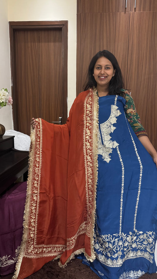 Royal Blue MultiColor Pure Crepe Suit with Kashmiri Tilla Embroidery & Gotta Patti-3 PC