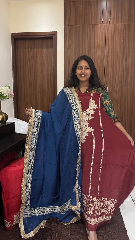 Rust Red MultiColor Pure Crepe Suit with Kashmiri Tilla Embroidery & Gotta Patti-3 PC
