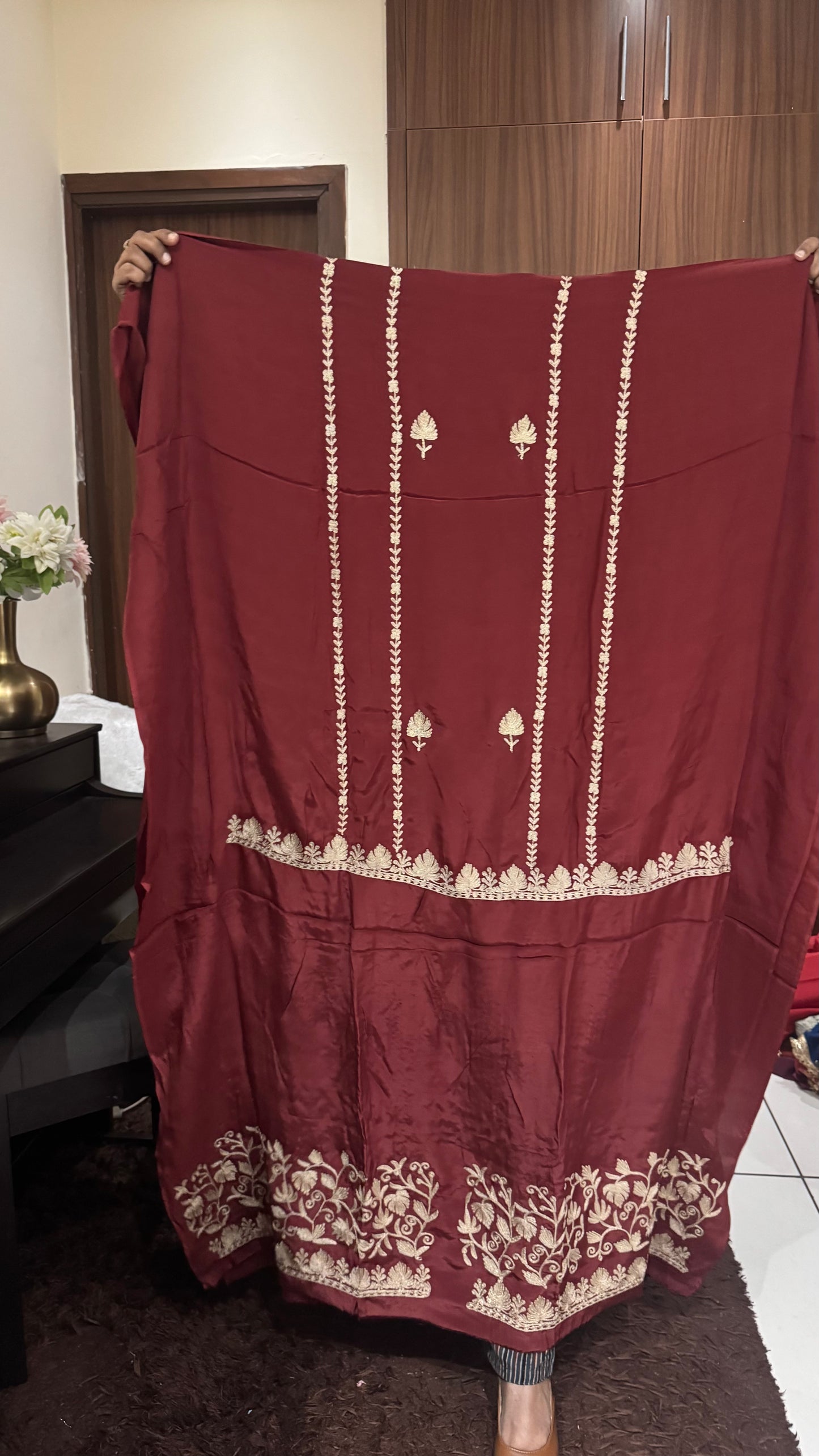 Rust Red MultiColor Pure Crepe Suit with Kashmiri Tilla Embroidery & Gotta Patti-3 PC