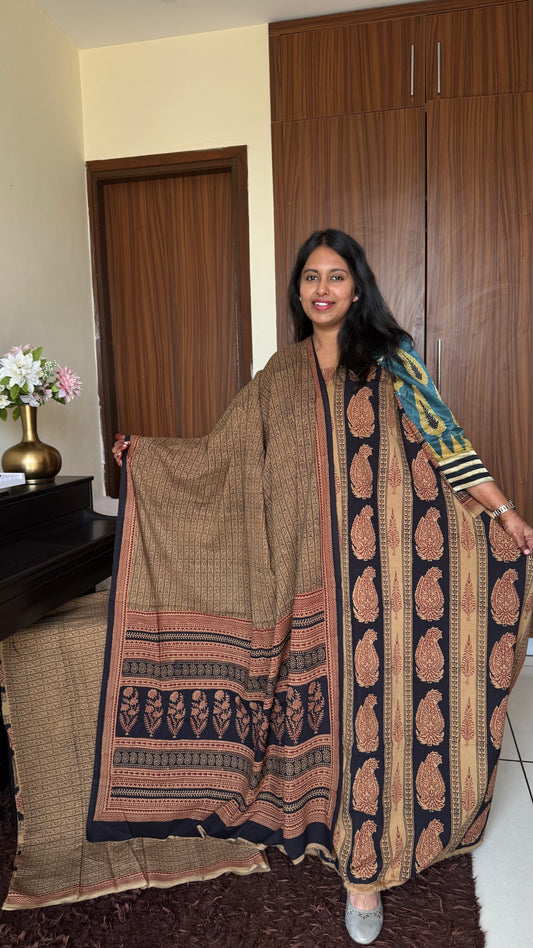 Earthy Brown Pure Cotton Suit Set with HandBlocked Bagh Print-3Pc
