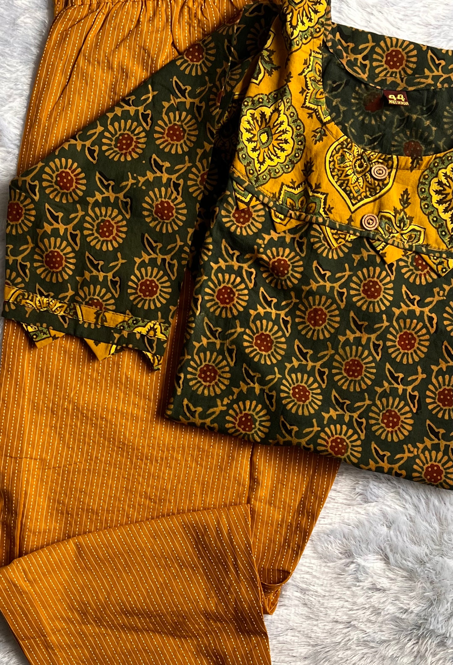 Green and Mustard Ajrakh Print Kurta with Applique Cut Work Kurta Pant Set