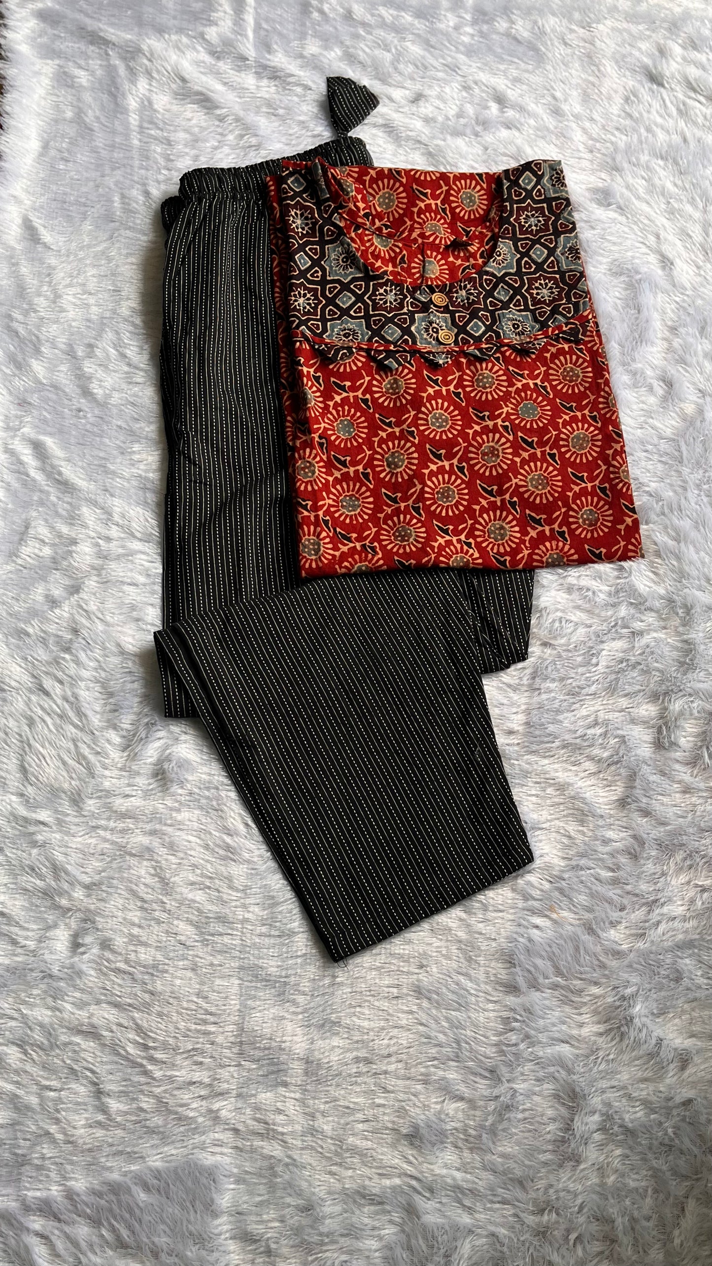 Red and Black Ajrakh Print Kurta with Applique Cut Work Kurta Pant Set