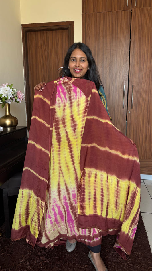 Brown Yellow Shibori Print Chinon Chiffon Suit Set with Matching Dupatta and Bottom