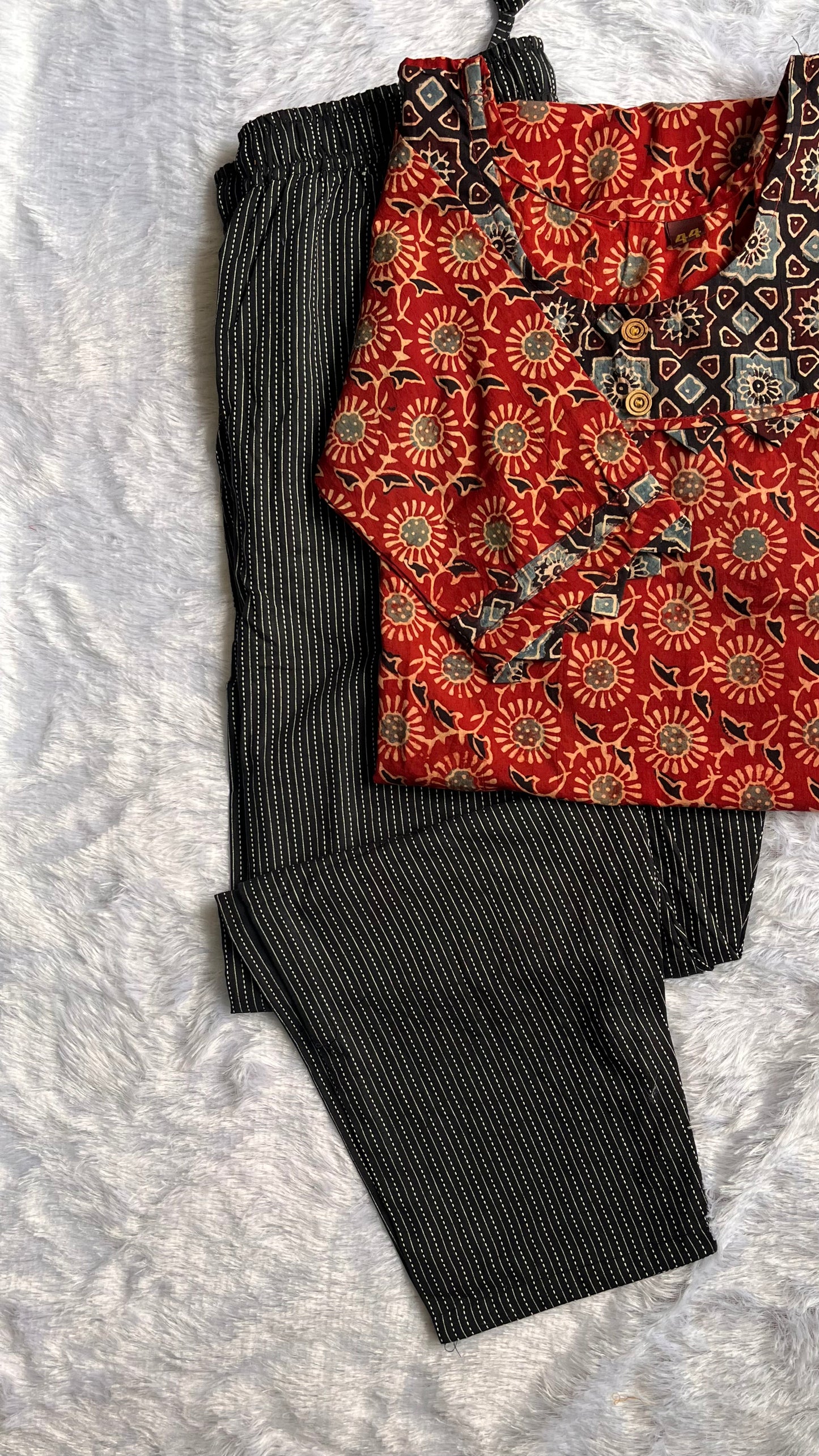 Red and Black Ajrakh Print Kurta with Applique Cut Work Kurta Pant Set