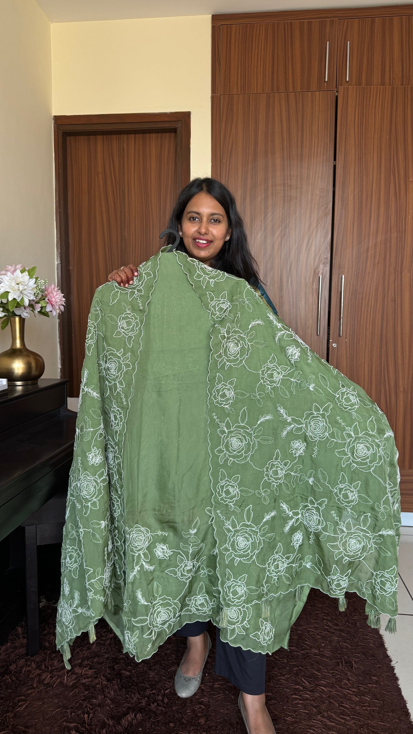 Olive Green OrganZa Suit Set with Applique Thread Work and Tassels-3PC