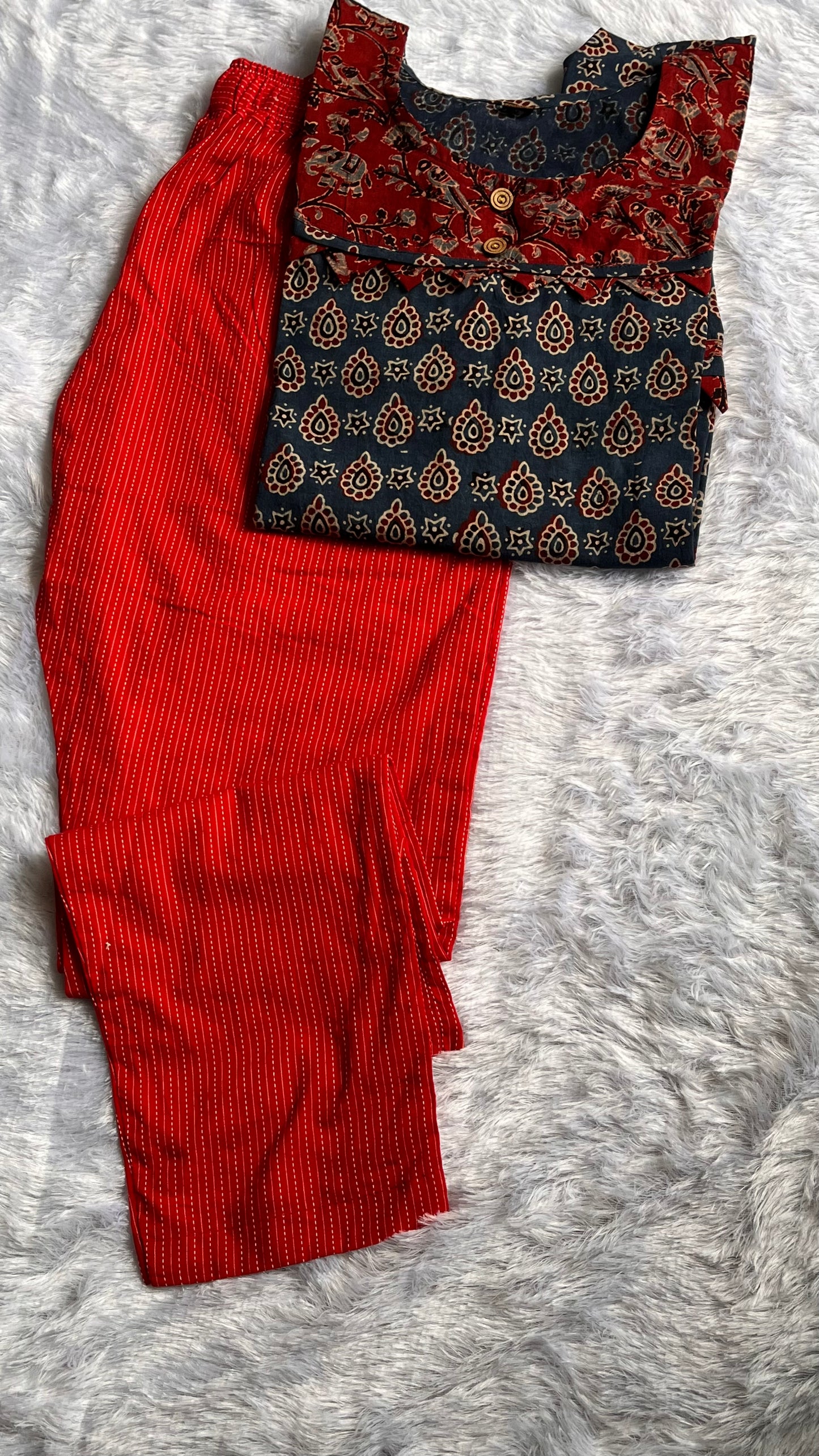 Blue and Red Ajrakh Print Kurta with Applique Cut Work Kurta Pant Set