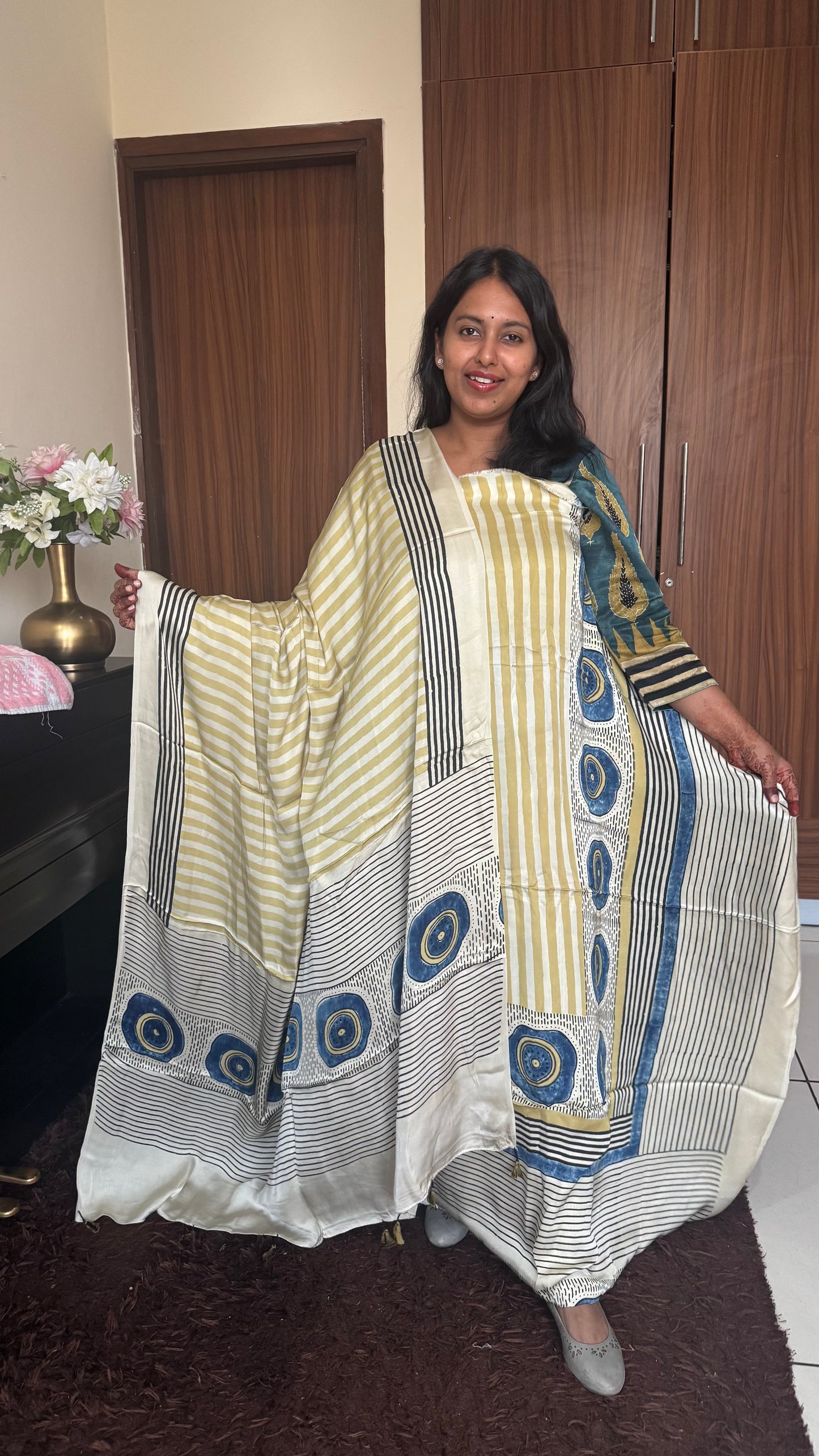 OffWhite Strip Polka Motif Modal Silk Hand Block Print 2pc Suit Material Set