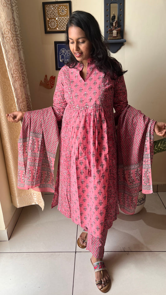 3 Pc Peach Me Not Naira Cut Suit Set with Cotton Dupatta - Desisass