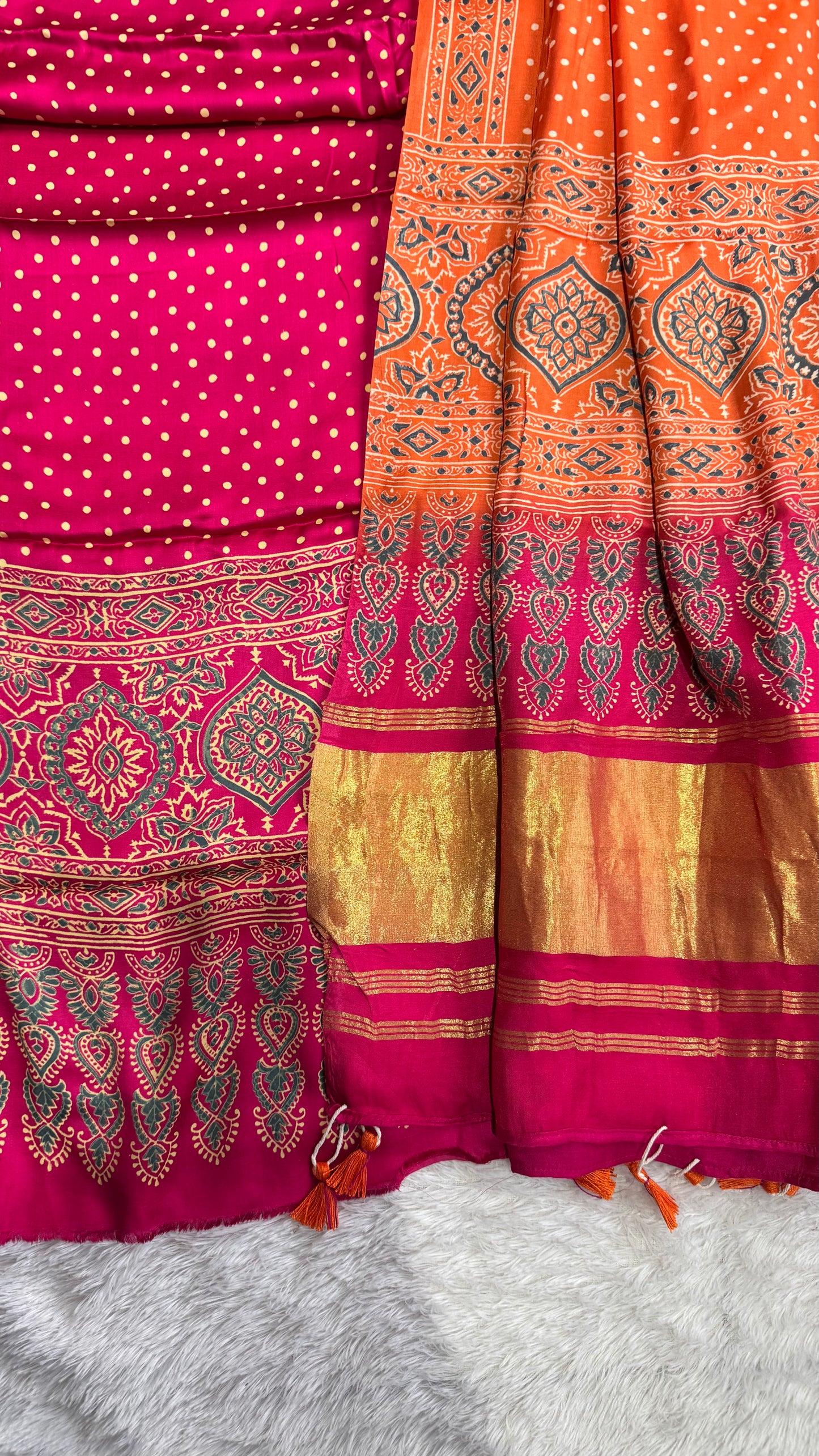 Pink and Orange Polka Motif Modal Silk 3 pc Suit Material Set with Modal Silk Lagdi Patti Dupatta