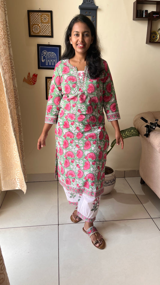 Bed of Flowers Hand Block Print Pure Cotton Kurta and Afgan Pant Set