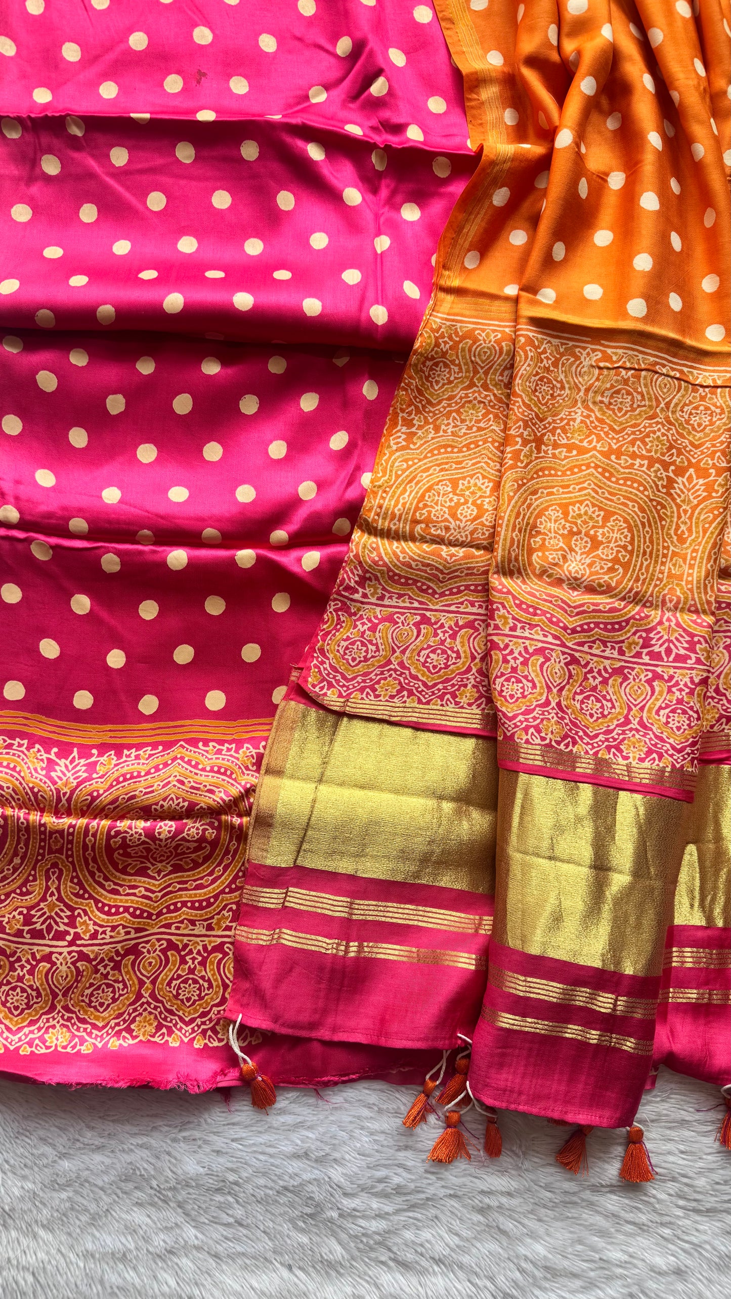 Hot Pink and Orange Modal Silk 3pc Suit Set with Purple Modal Silk Lagdi Patti Dupatta